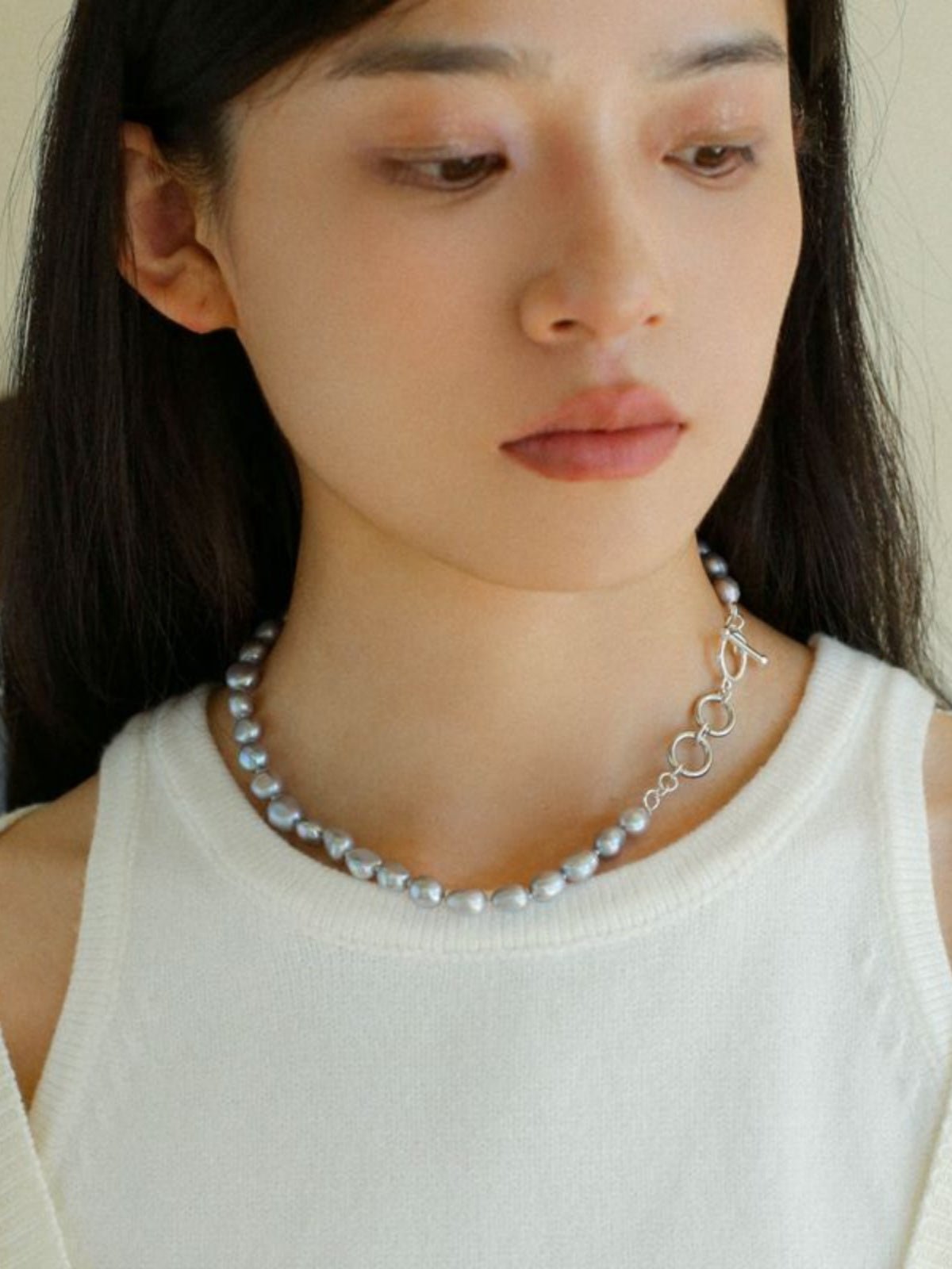 Silver Gray Freshwater Pearls Short OT Buckle Necklaces - floysun