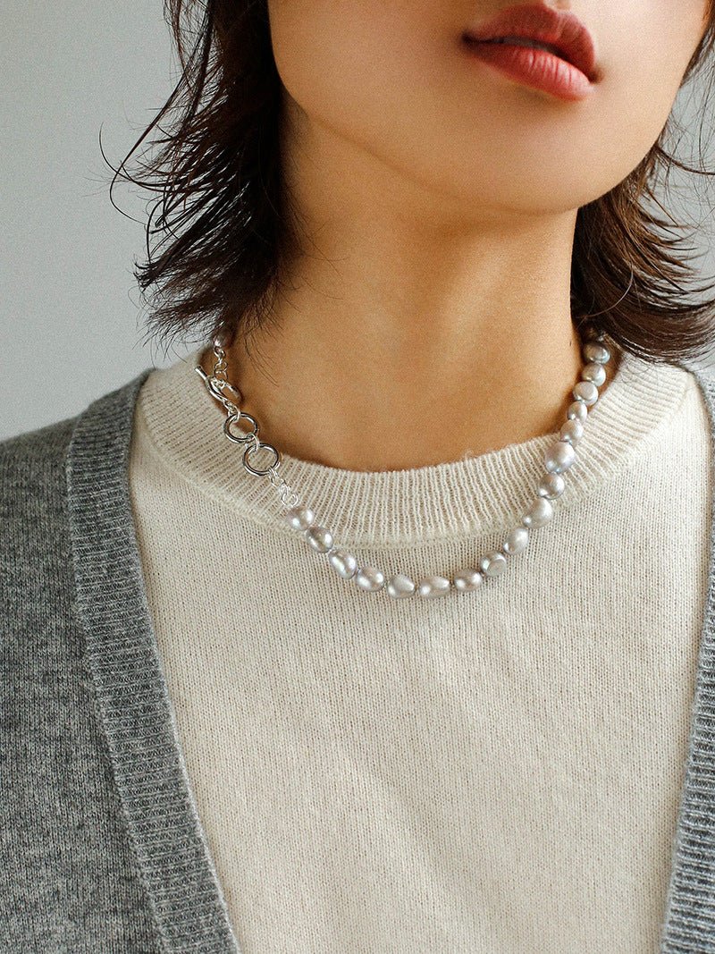 Silver Gray Freshwater Pearls Short OT Buckle Necklaces - floysun