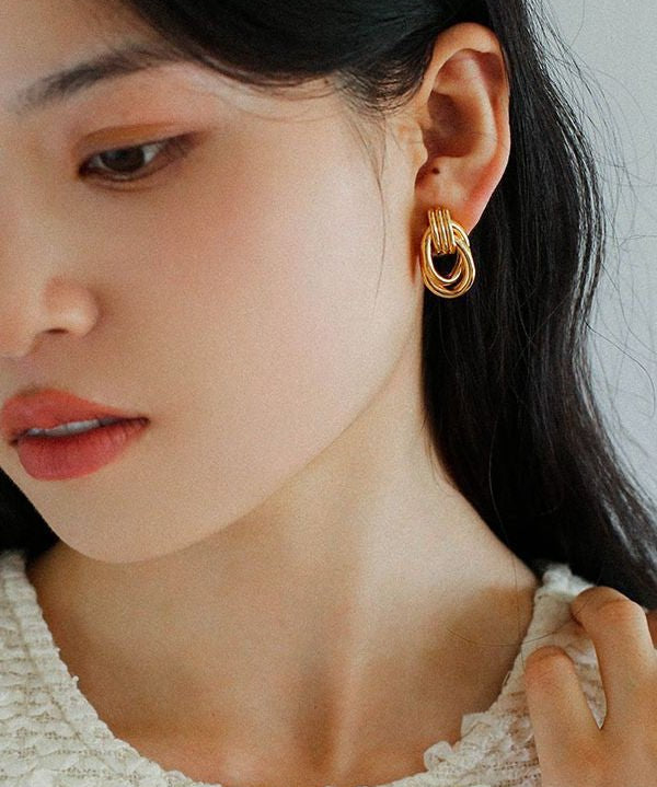 Simple Double Oval Striped Earrings Gold - floysun