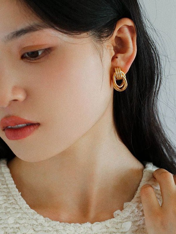 Simple Double Oval Striped Earrings Gold - floysun