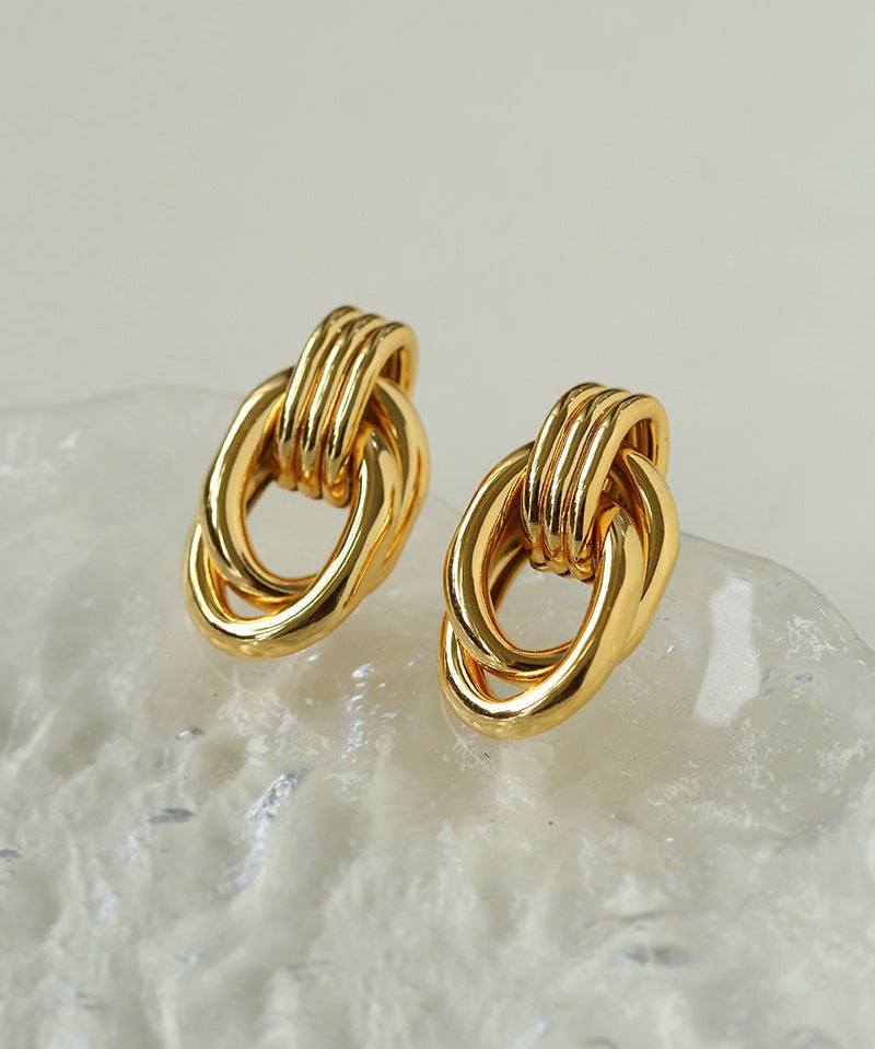 Simple Double Oval Striped Earrings Gold - floysun