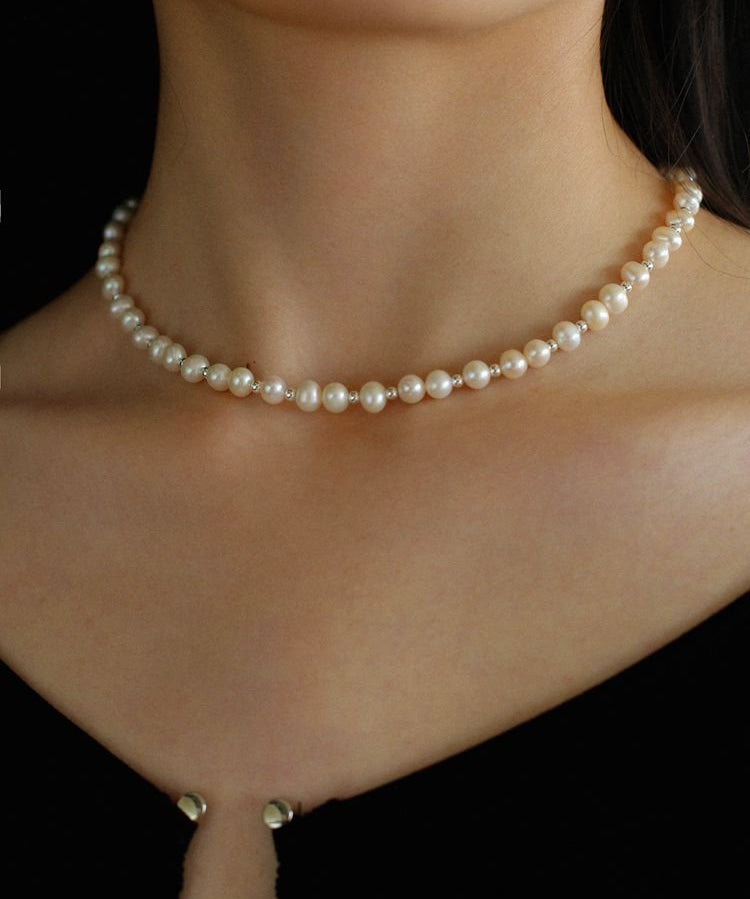 Simple Mini Pearl Silver Bead Necklace - floysun