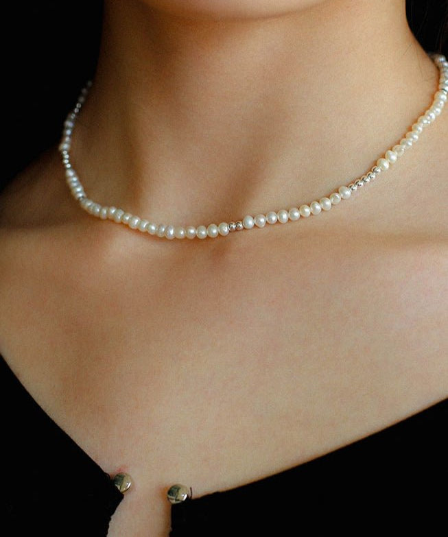 Simple Mini Pearl Silver Bead Necklace - floysun