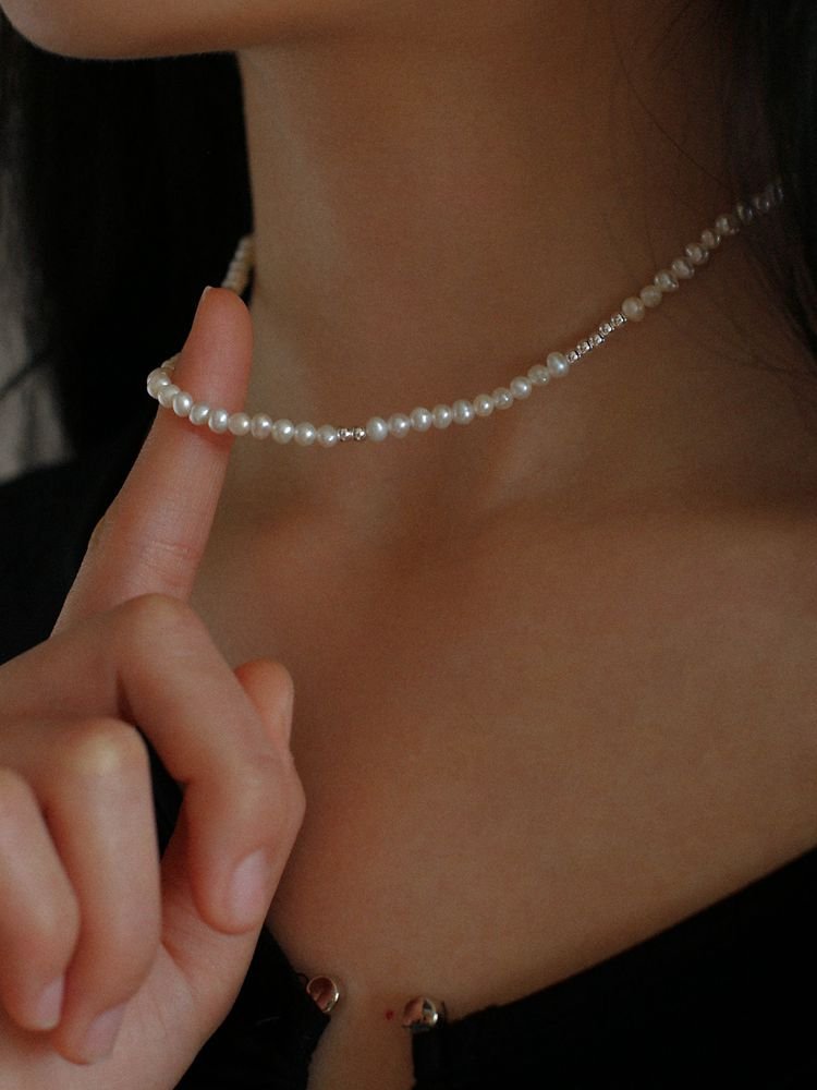 Simple Mini Pearl Silver Bead Necklace - floysun