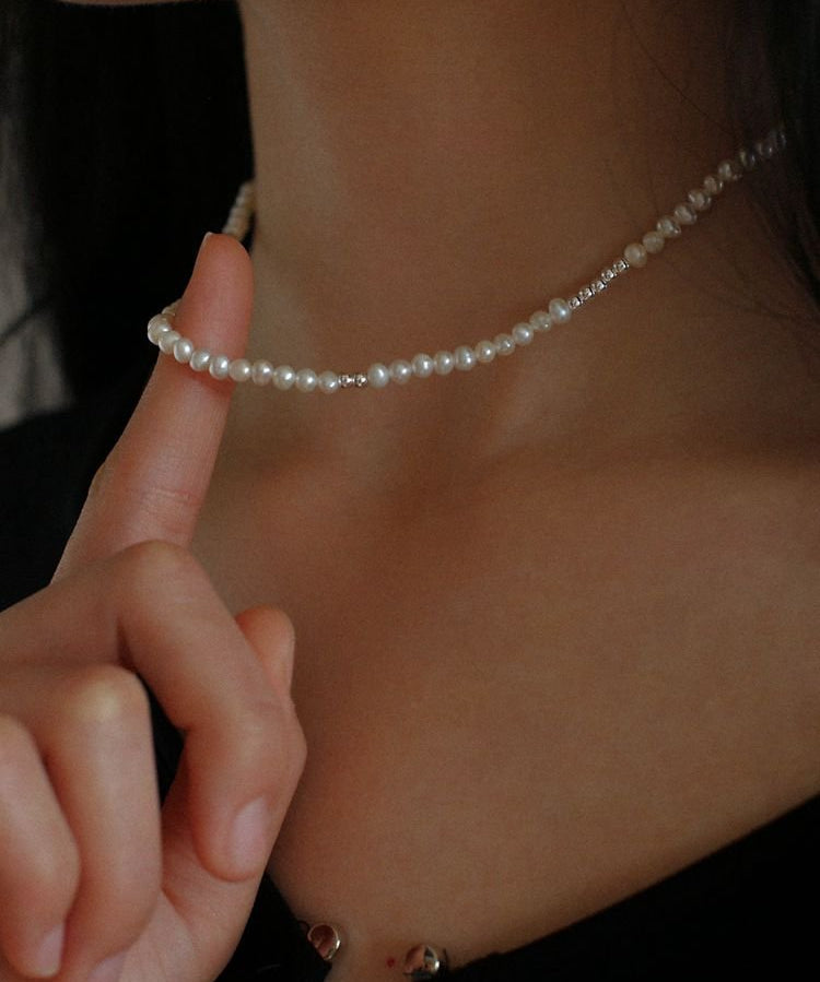 Simple Mini Pearl Silver Bead Necklace - floysun