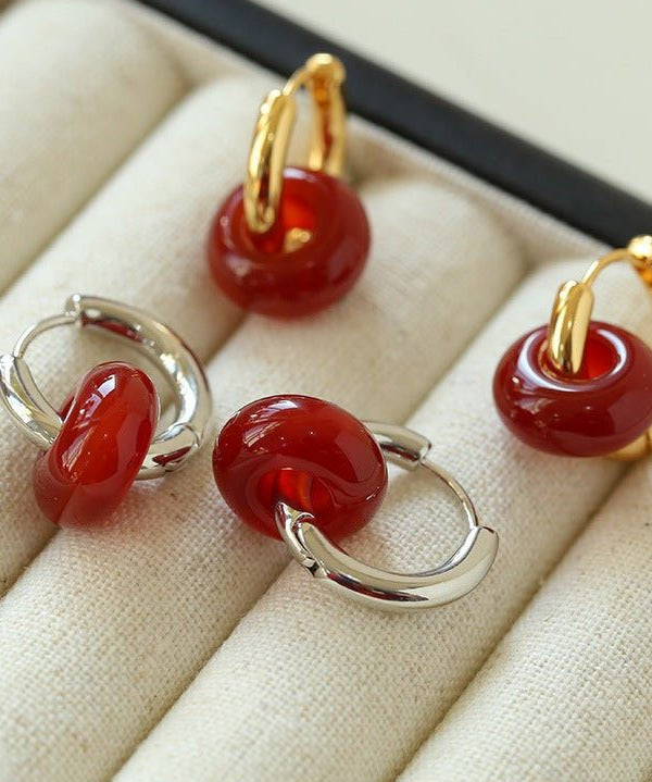 Simple Red Agate Stone Hoops Earrings - floysun