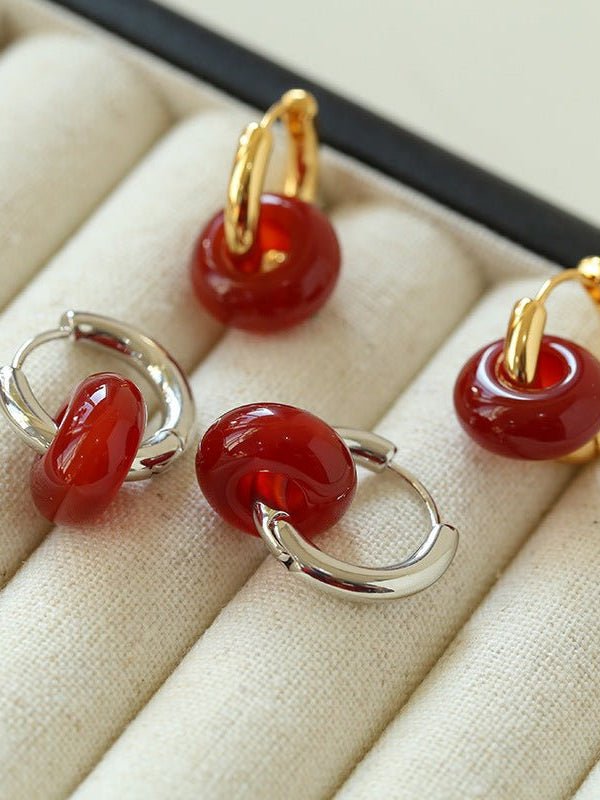 Simple Red Agate Stone Hoops Earrings - floysun