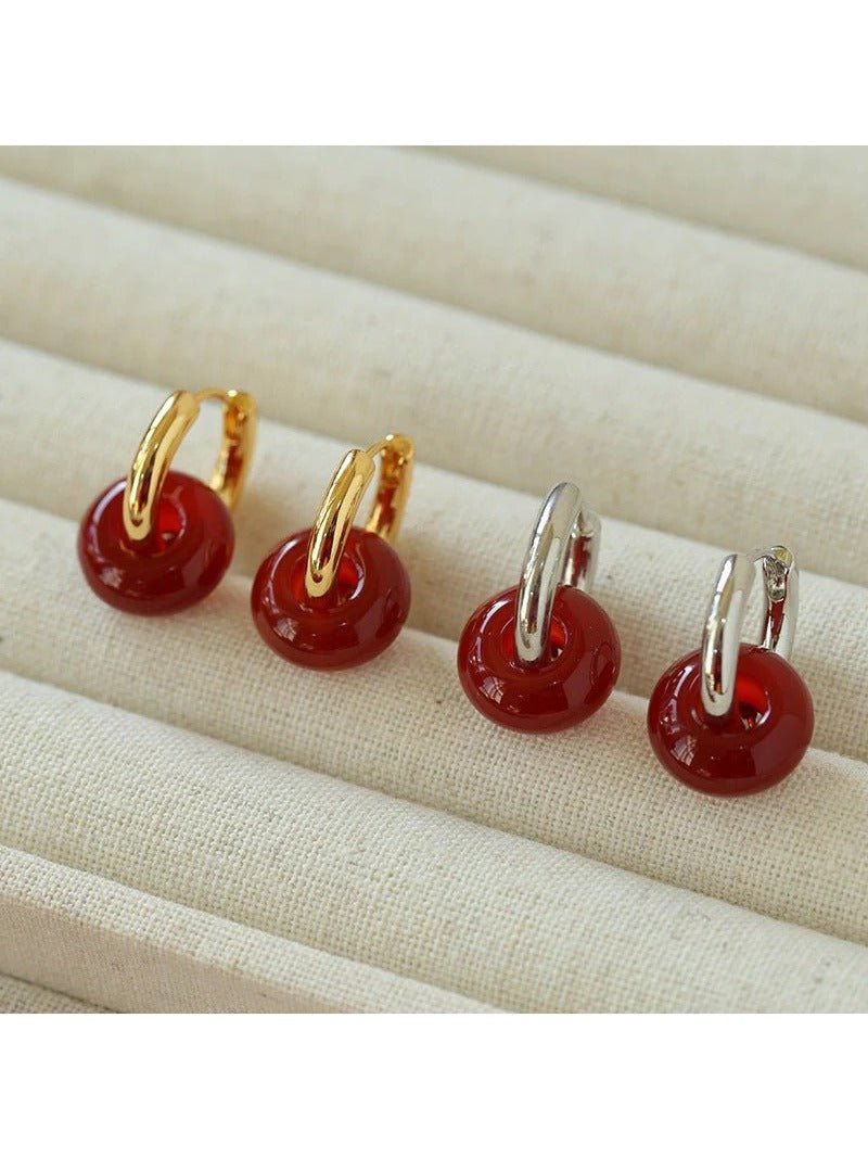 Simple Red Agate Stone Hoops Earrings - floysun