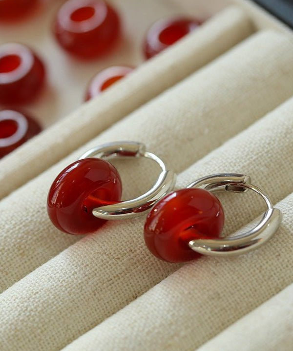 Simple Red Agate Stone Hoops Earrings - floysun