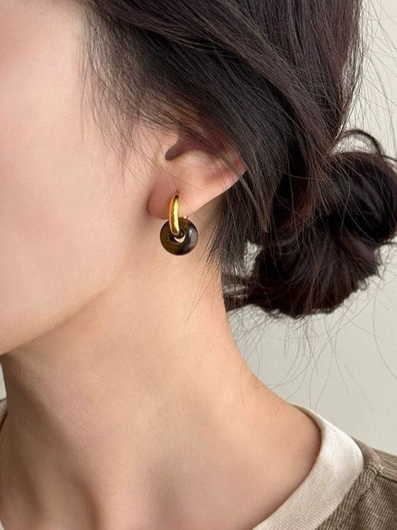 Simple Tigers Eye Stone Hoops Earrings - floysun