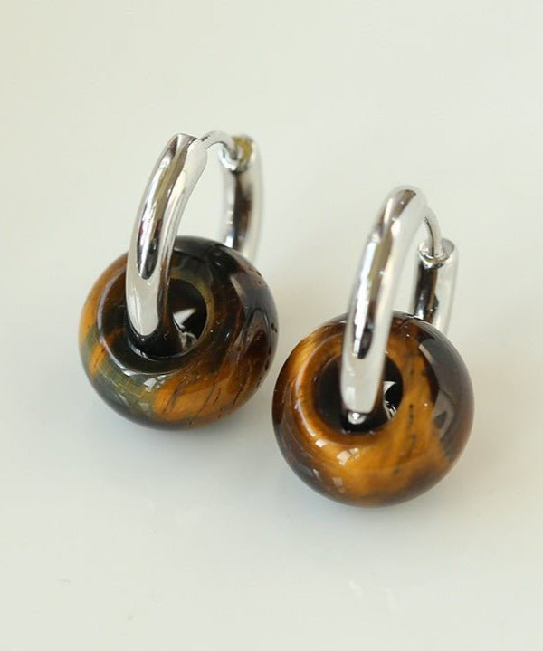 Simple Tigers Eye Stone Hoops Earrings - floysun