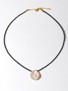 Single Large Petal Baroque Pearl Black Spinel Necklace - floysun