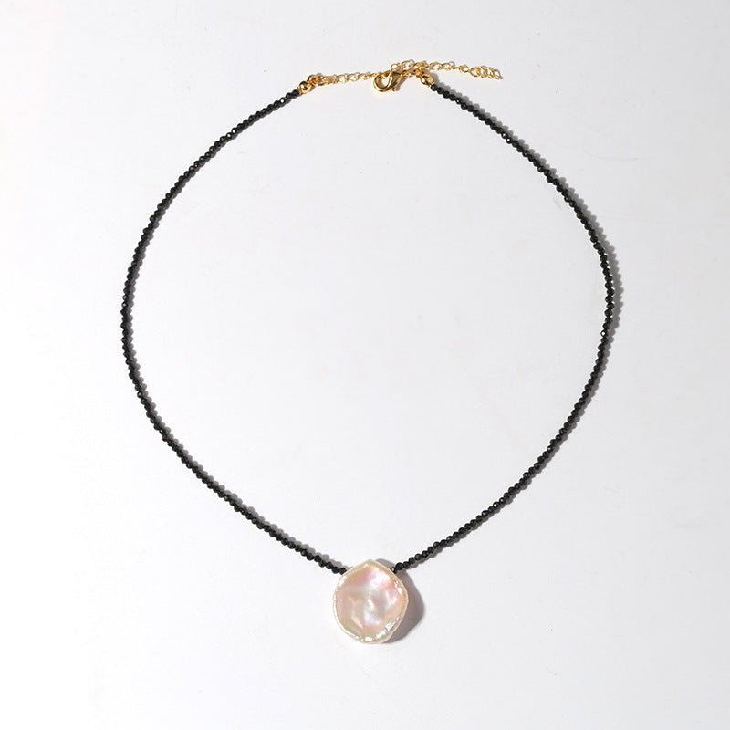 Single Large Petal Baroque Pearl Black Spinel Necklace - floysun