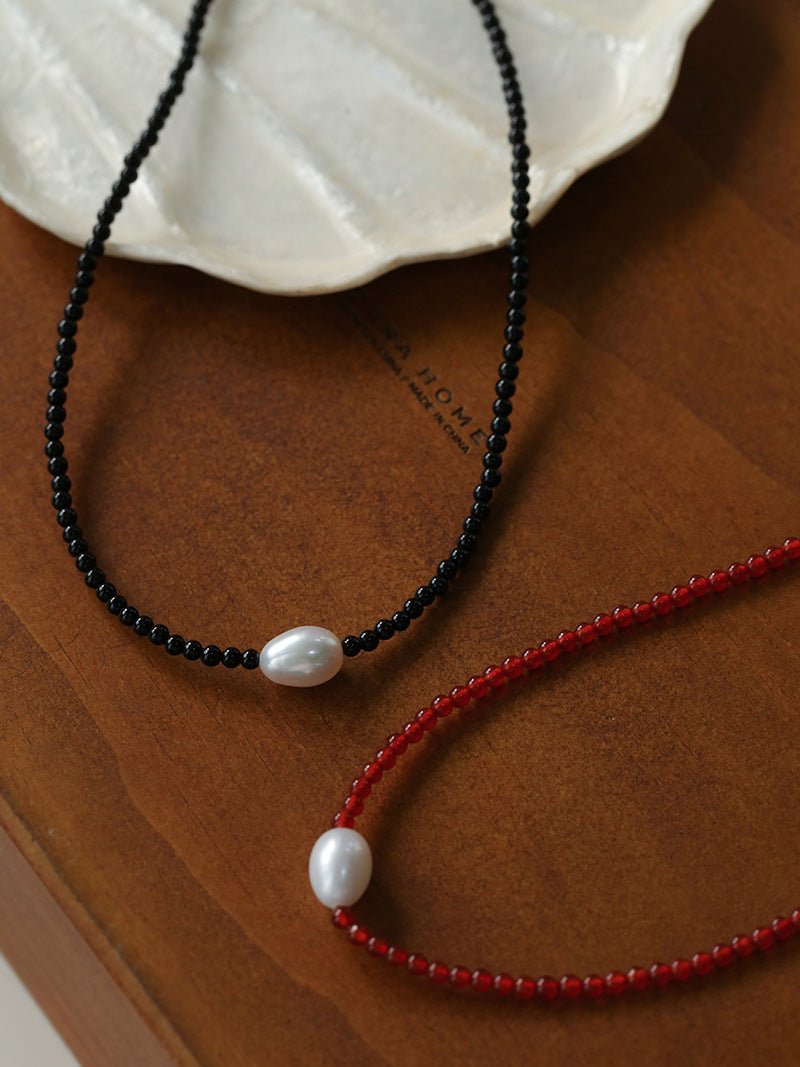 Single Pearl Red Agate Black Agate Beaded Necklace - floysun