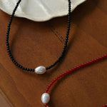 Single Pearl Red Agate Black Agate Beaded Necklace - floysun