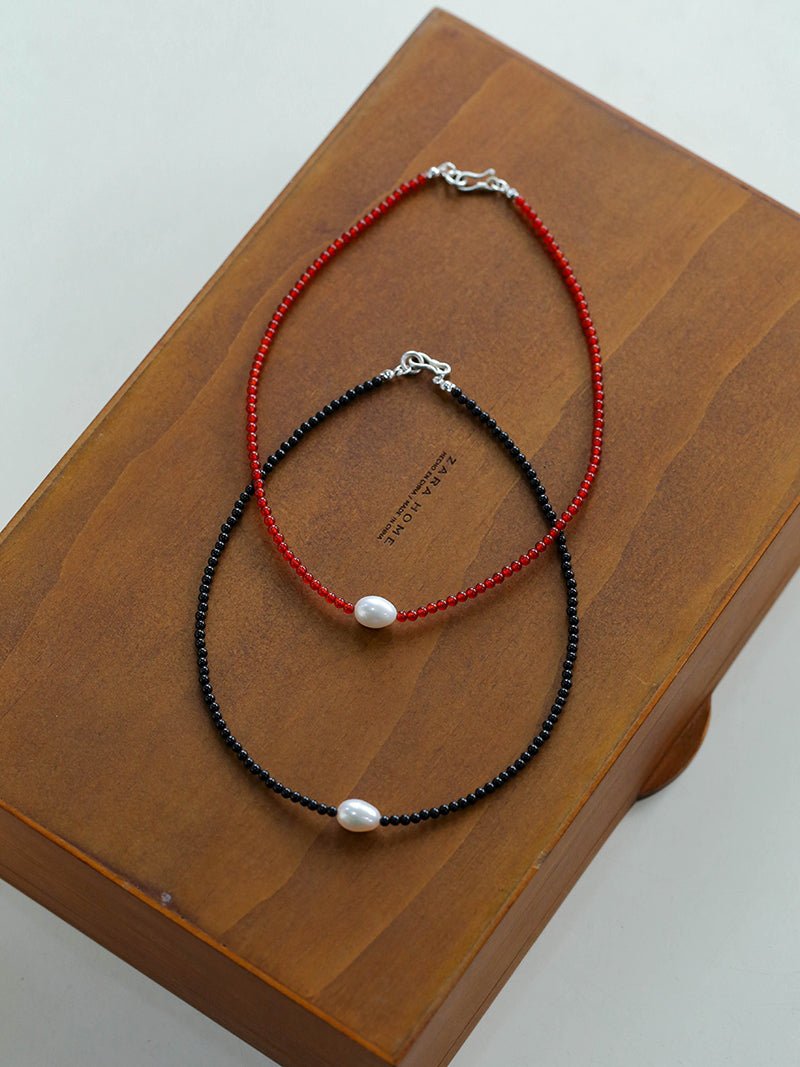 Single Pearl Red Agate Black Agate Beaded Necklace - floysun