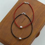 Single Pearl Red Agate Black Agate Beaded Necklace - floysun