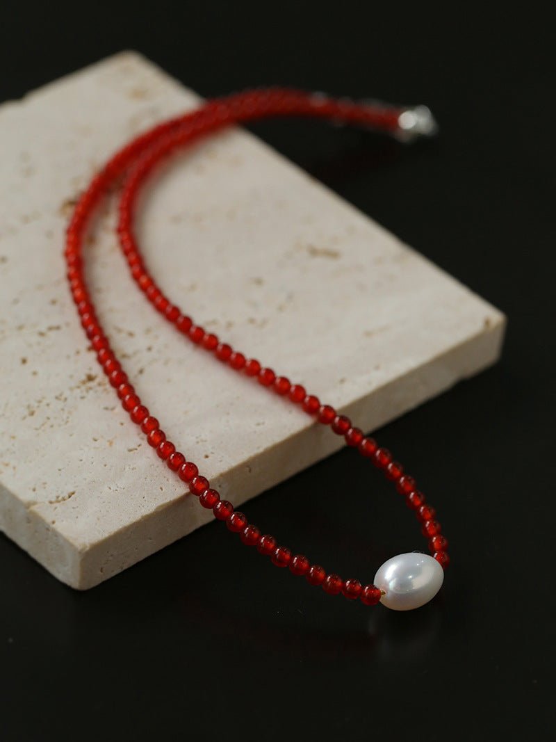 Single Pearl Red Agate Black Agate Beaded Necklace - floysun