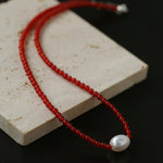 Single Pearl Red Agate Black Agate Beaded Necklace - floysun