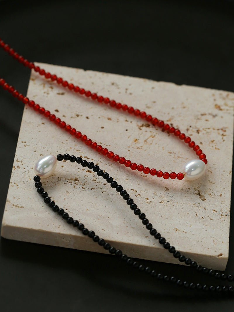 Single Pearl Red Agate Black Agate Beaded Necklace - floysun