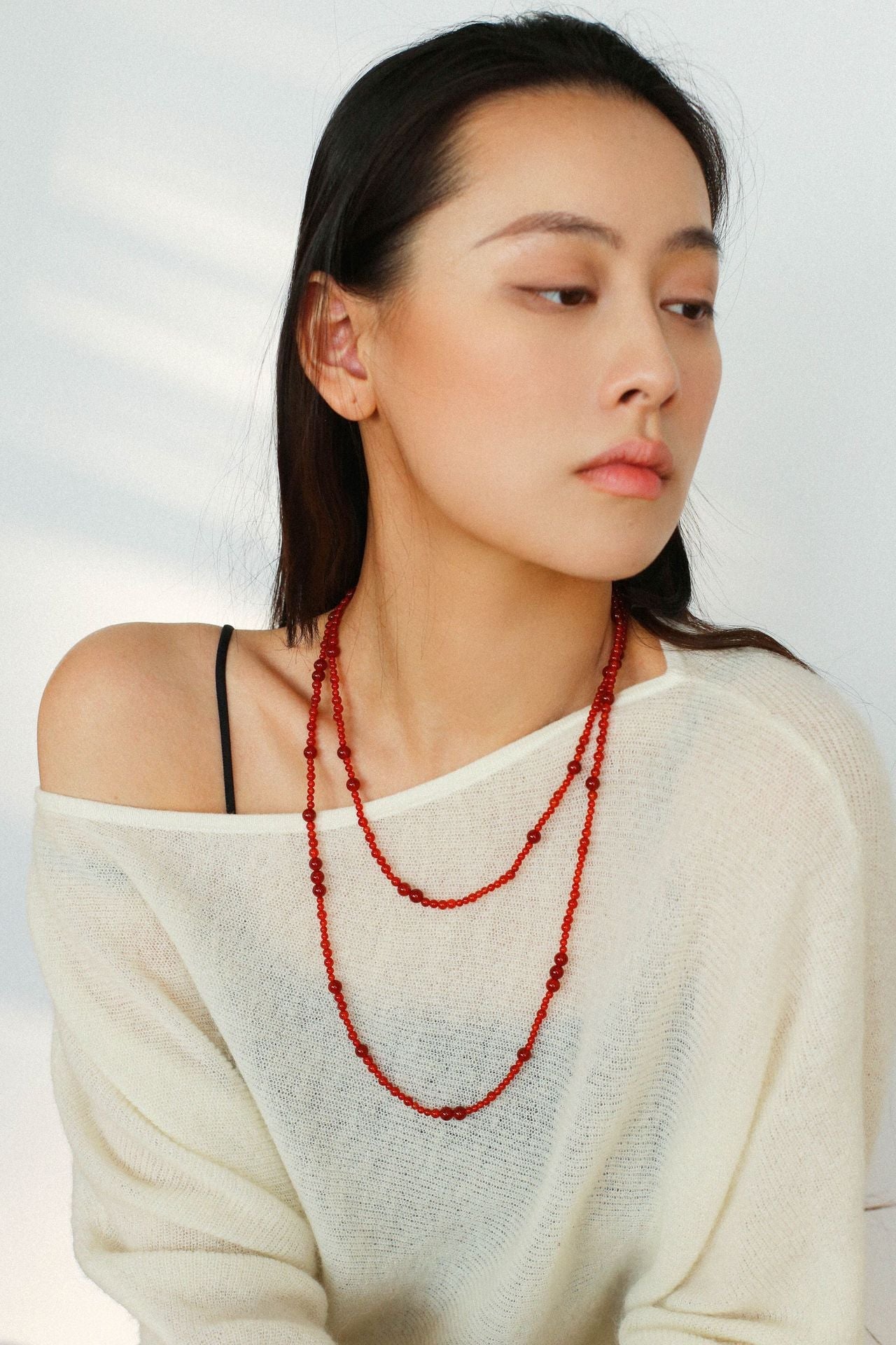 Size Gradual Change Red Agate Black Agate Long Necklace - floysun