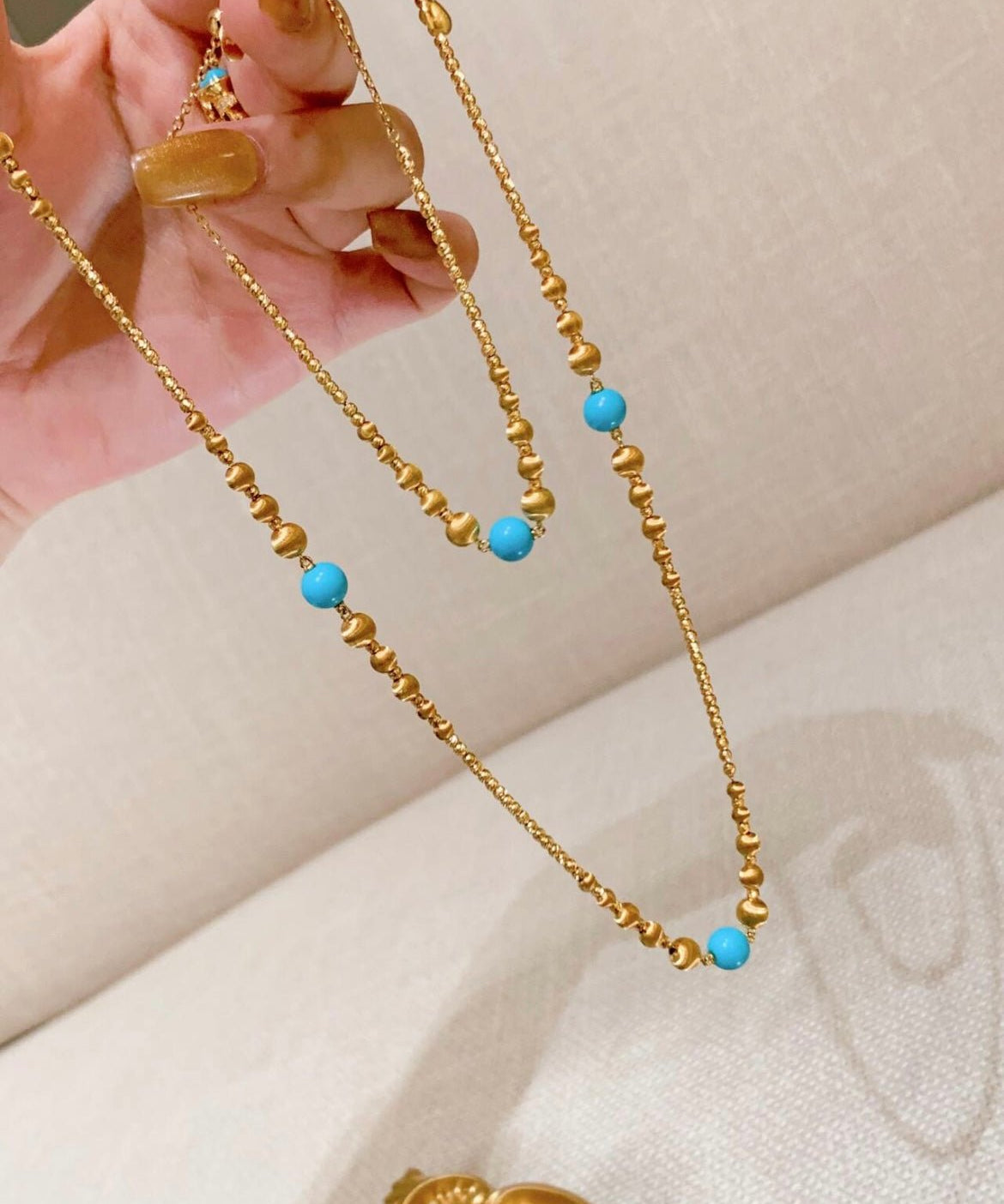 Sleeping Beauty Turquoise Cat’s Eye Beaded Necklace Adjustable Gold Vermeil Chain - floysun