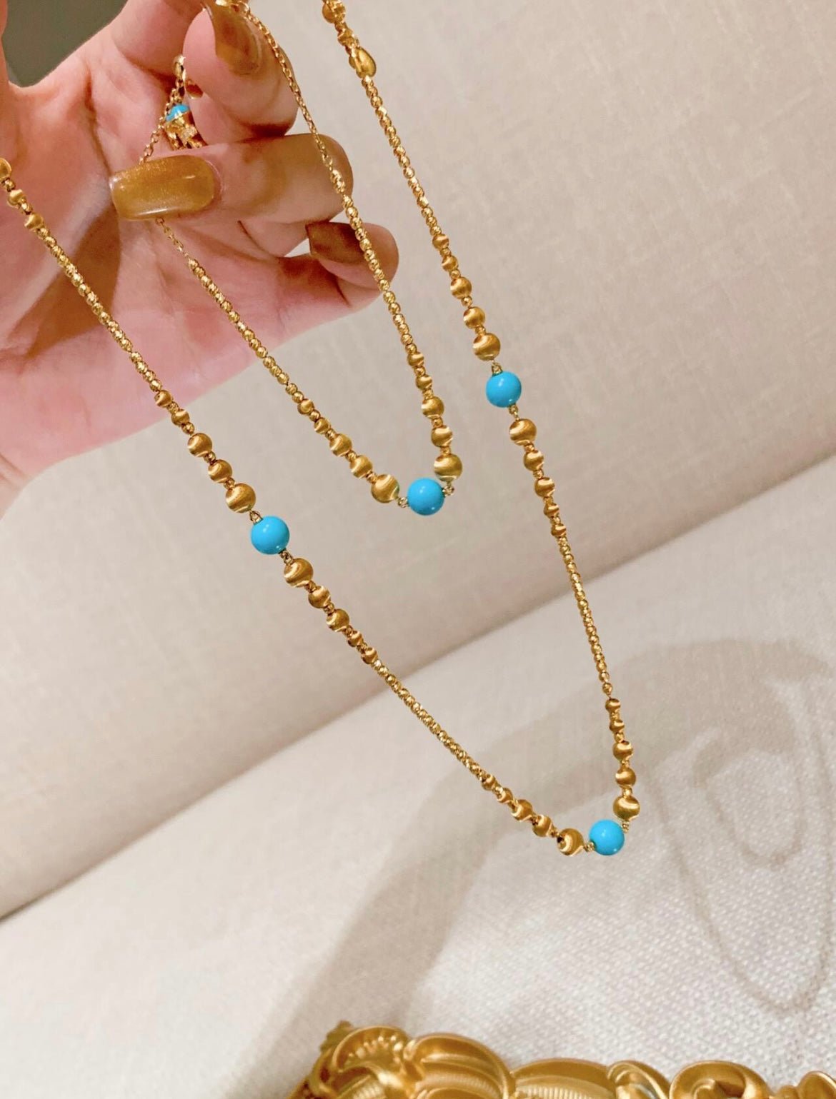 Sleeping Beauty Turquoise Cat’s Eye Beaded Necklace Adjustable Gold Vermeil Chain - floysun