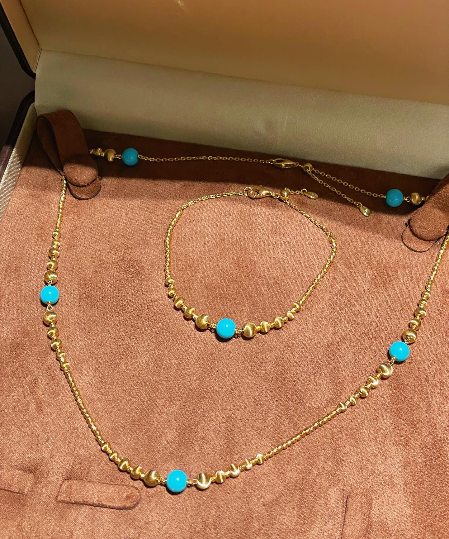 Sleeping Beauty Turquoise Cat’s Eye Beaded Necklace Adjustable Gold Vermeil Chain - floysun