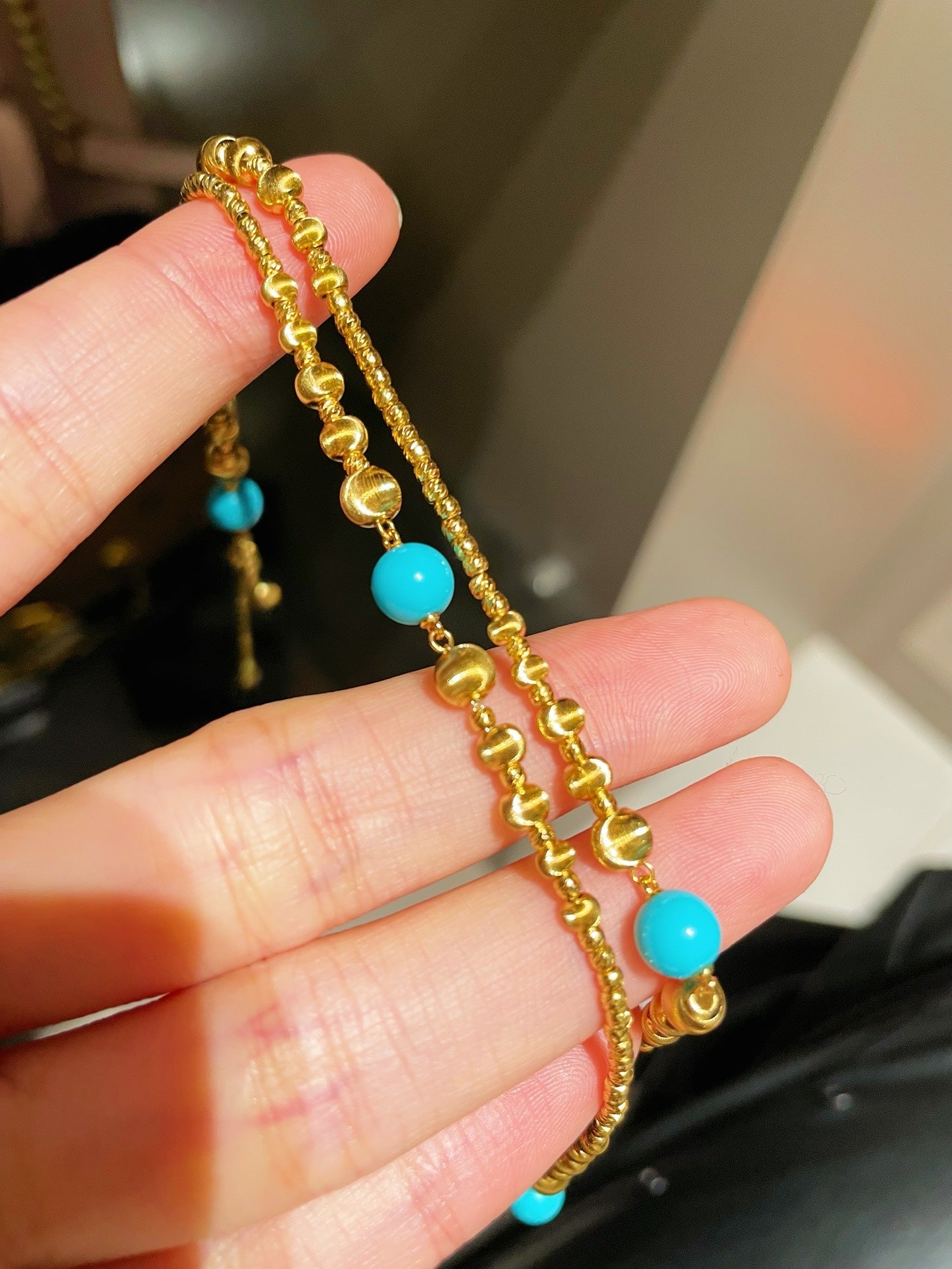 Sleeping Beauty Turquoise Cat’s Eye Beaded Necklace Adjustable Gold Vermeil Chain - floysun