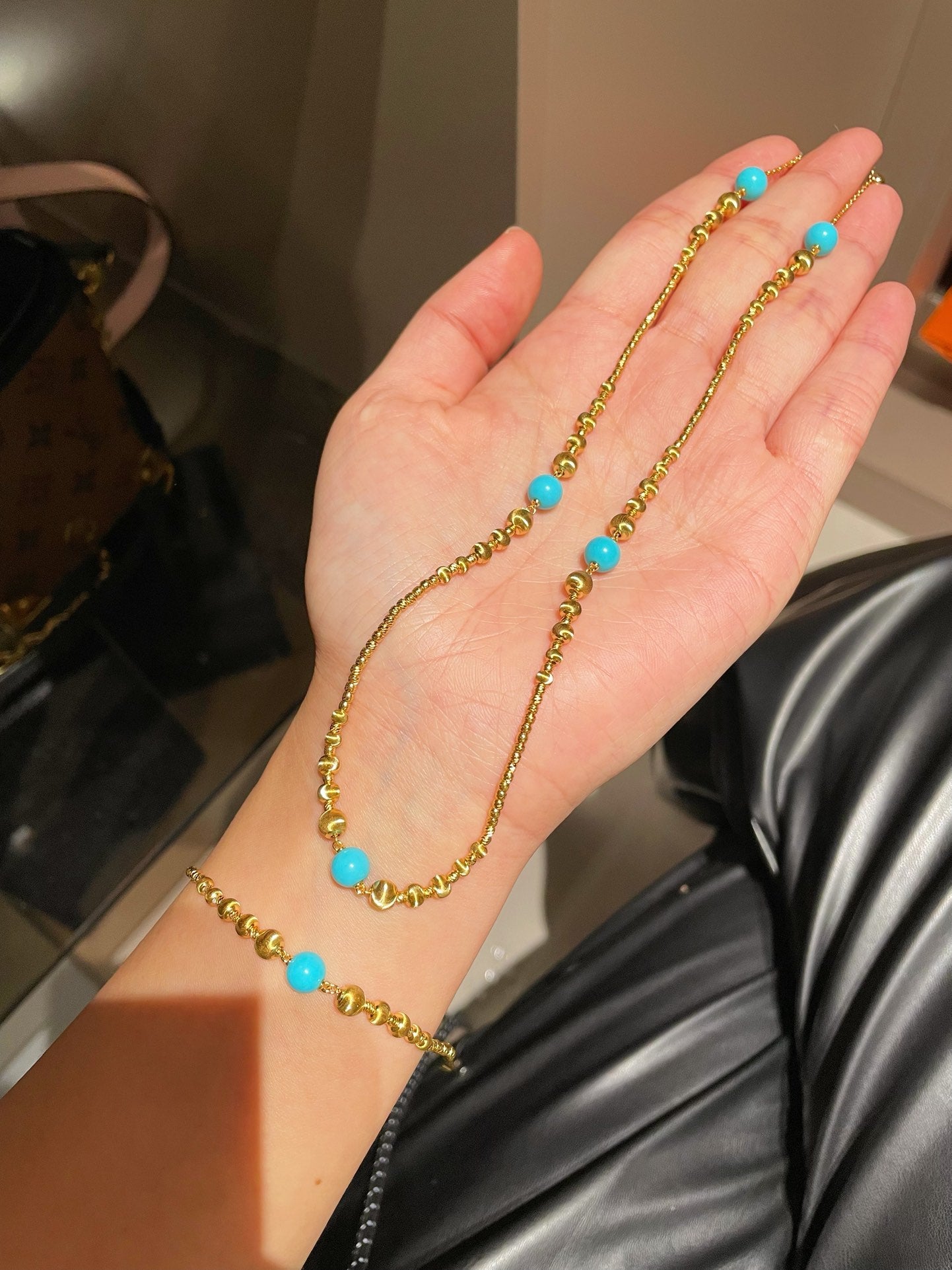 Sleeping Beauty Turquoise Cat’s Eye Beaded Necklace Adjustable Gold Vermeil Chain - floysun