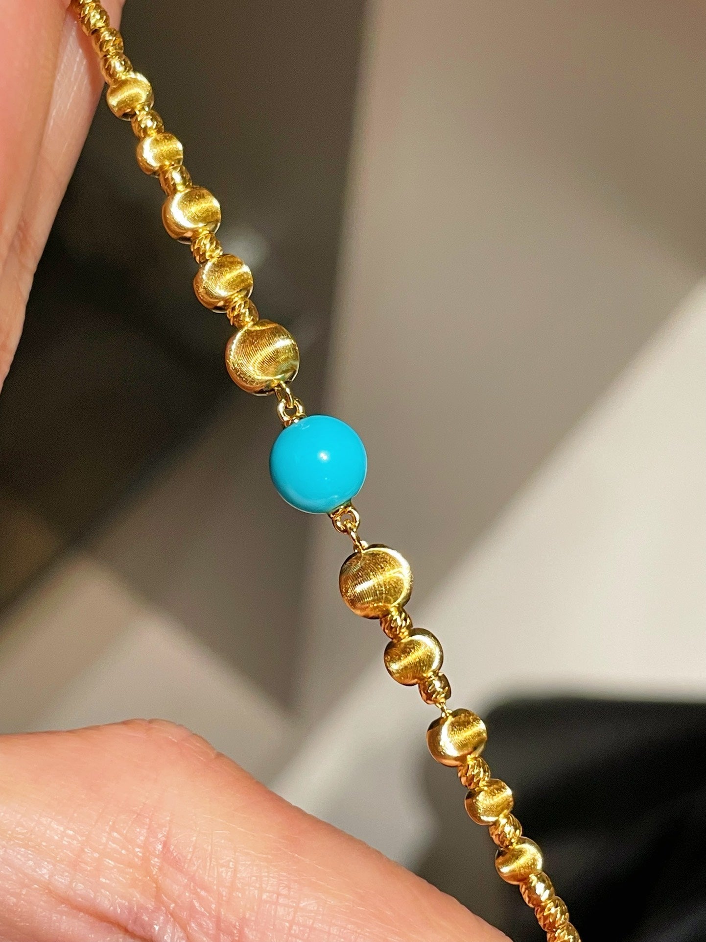 Sleeping Beauty Turquoise Cat’s Eye Beaded Necklace Adjustable Gold Vermeil Chain - floysun