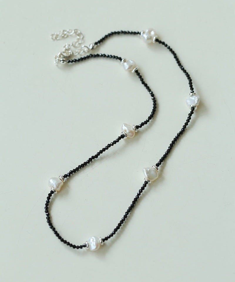 Small Petal Baroque Pearl and Black Spinel Beaded Necklace - floysun