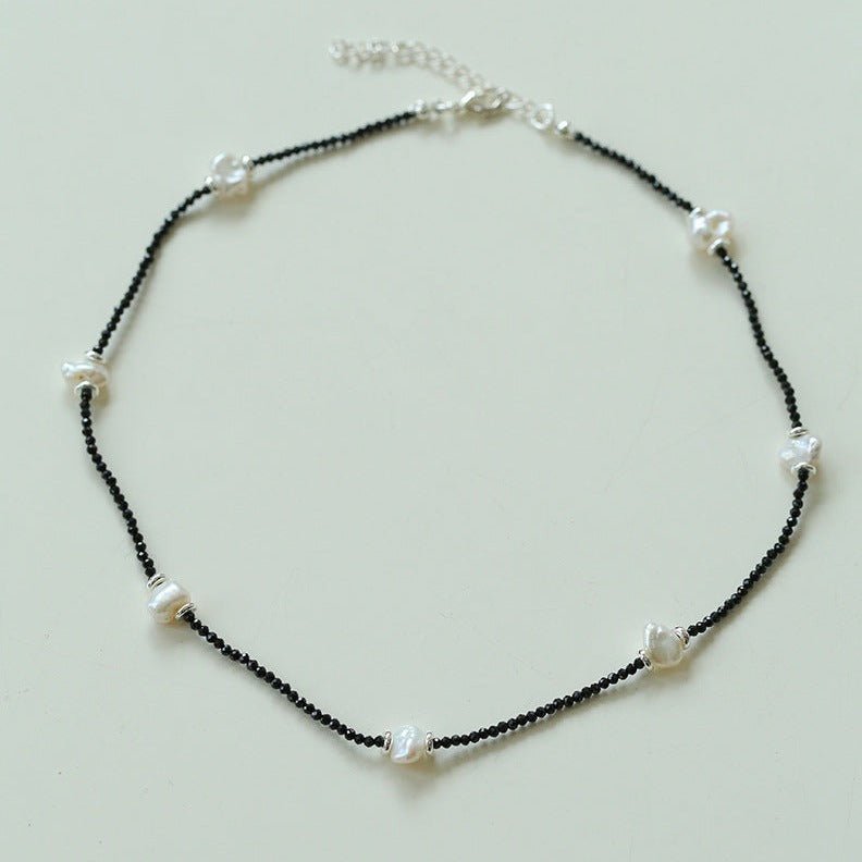 Small Petal Baroque Pearl and Black Spinel Beaded Necklace - floysun