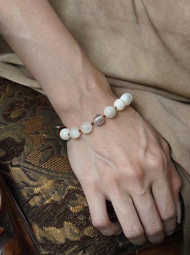 Smooth Mother of Pearls and Silver Shell Beaded OT Bracelet - floysun