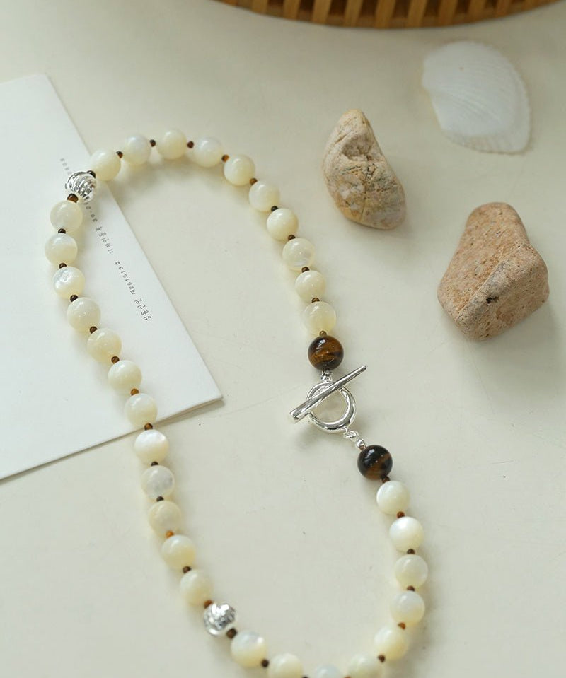 Smooth Mother of Pearls and Silver Shell Beaded OT Necklace - floysun