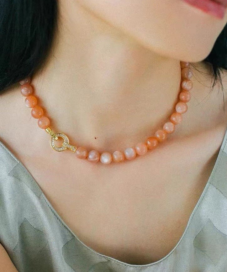 Smooth Round Sunstone Beaded Choker Necklace - floysun