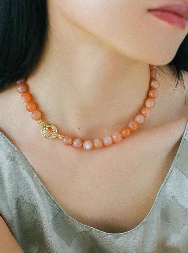 Smooth Round Sunstone Beaded Choker Necklace - floysun