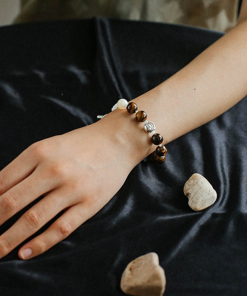 Smooth Tiger's Eye and Silver Shell Beaded OT Bracelet - floysun