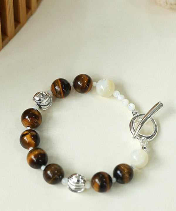 Smooth Tiger's Eye and Silver Shell Beaded OT Bracelet - floysun