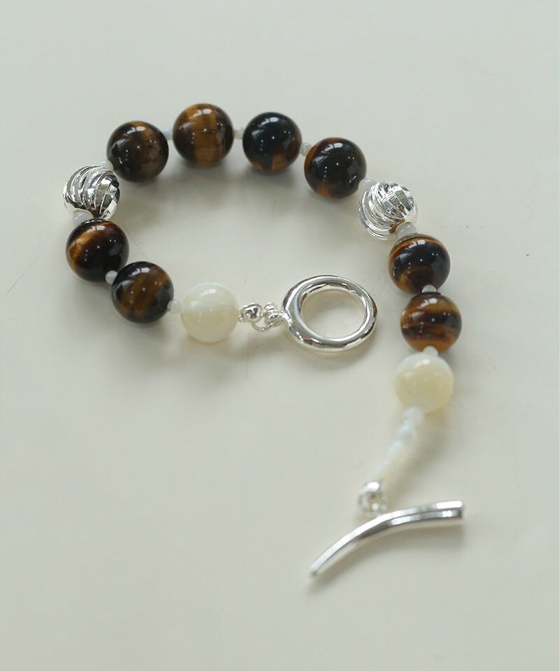 Smooth Tiger's Eye and Silver Shell Beaded OT Bracelet - floysun