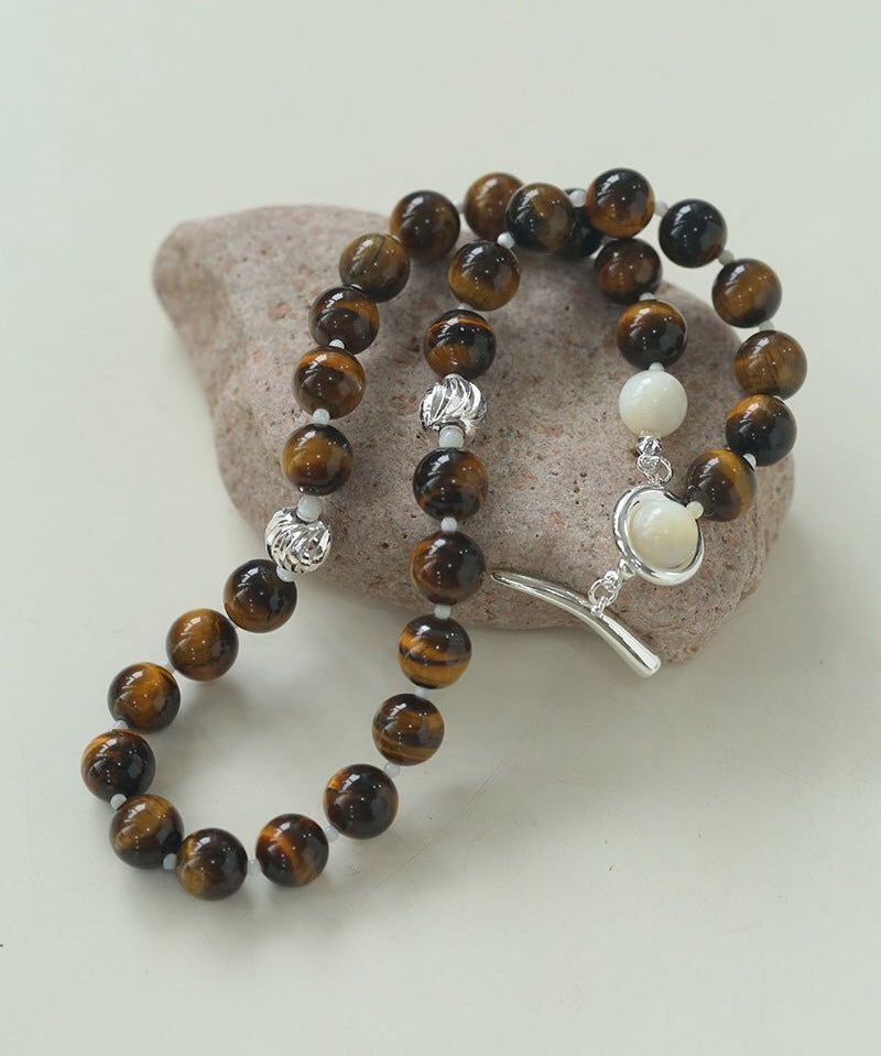 Smooth Tiger's Eye and Silver Shell Beaded OT Necklace - floysun