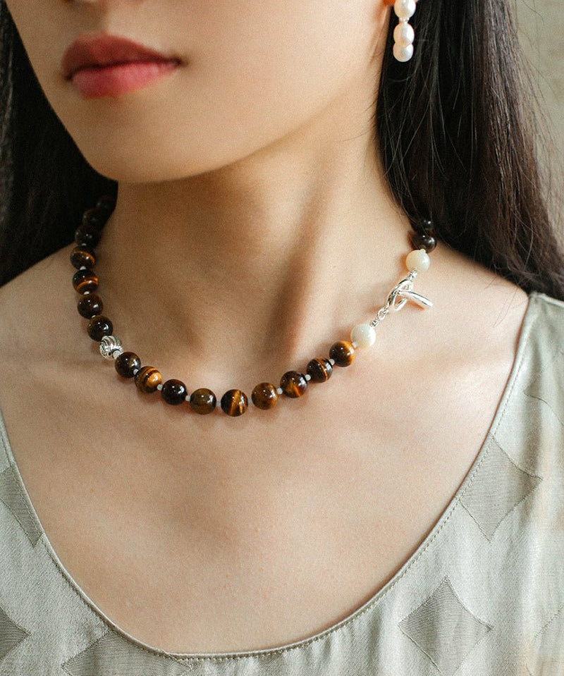 Smooth Tiger's Eye and Silver Shell Beaded OT Necklace - floysun