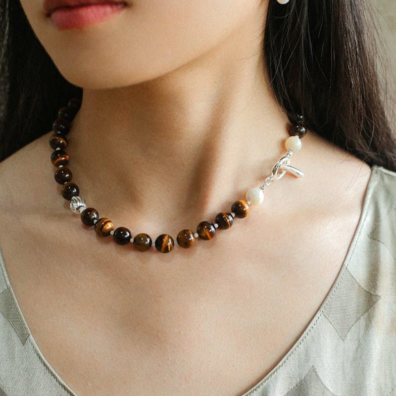 Smooth Tiger's Eye and Silver Shell Beaded OT Necklace - floysun