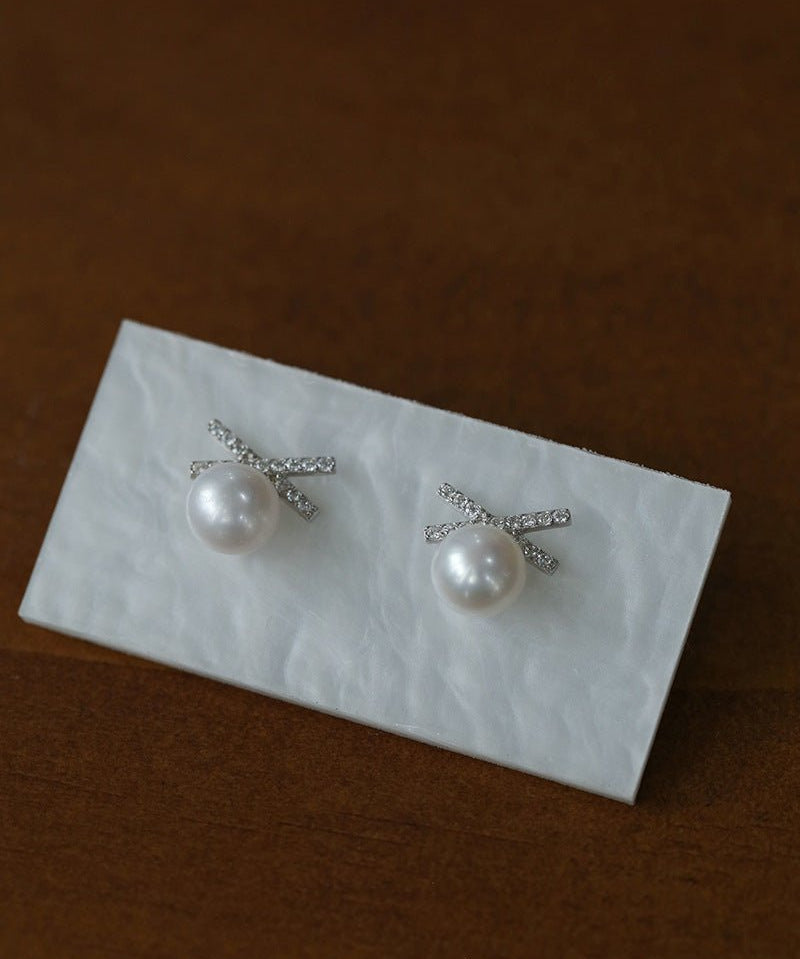 Sparkling X - Shaped Pearl Stud Earrings - floysun