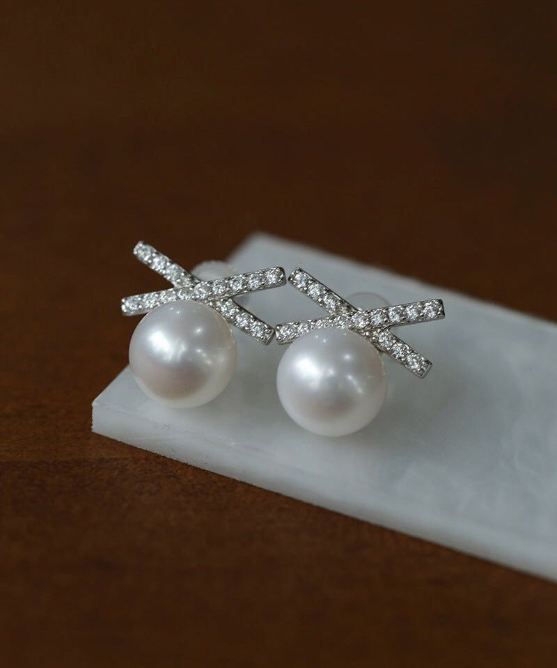 Sparkling X - Shaped Pearl Stud Earrings - floysun