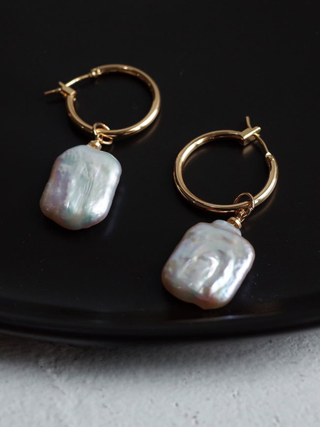 Square Baroque Pearl Drop Hoop Earrings - floysun