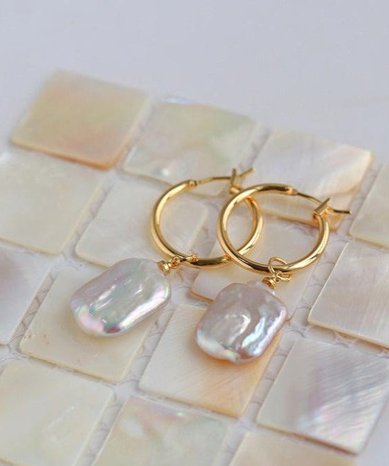 Square Baroque Pearl Drop Hoop Earrings - floysun