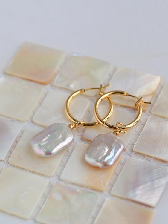 Square Baroque Pearl Drop Hoop Earrings - floysun