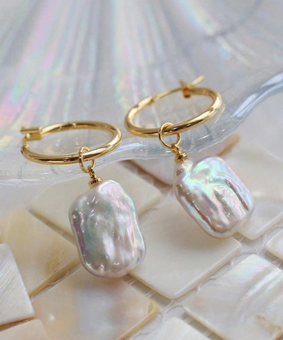 Square Baroque Pearl Drop Hoop Earrings - floysun