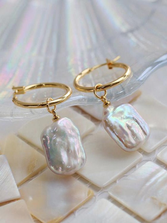 Square Baroque Pearl Drop Hoop Earrings - floysun